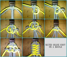 the instructions for how to tie a snake knot on a buckle with neon yellow rope