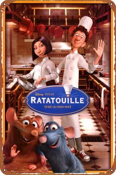 the ratatoulie movie poster with two mice and a chef in front of them