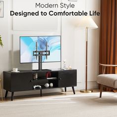 modern style designed to comfortableate life tv stand in living room with chair and lamp