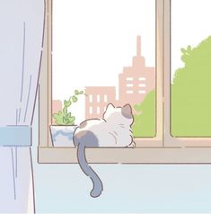 a cat is sitting on the window sill looking out at the cityscape