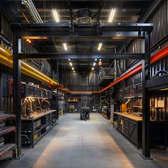 Explore this expansive workshop room featuring industrial-style design with steel beams and metal structures. Bright orange neon and LED lighting accentuate the gray panel walls and black steel frame, highlighting the spacious area filled with workbenches, shelves, and modern equipment. The open work area, complete with a variety of tools and storage solutions, showcases a blend of functionality and style, ideal for mechanical and vehicle repair activities. Modern Workshop Design, Mechanic Shop Interior Design, Modern Mechanic Shop, Steel Panels Interior, Mechanical Workshop Design, Industrial Workshop Design, Balcony Workshop, Container Shop Ideas, Welding Shop Layout