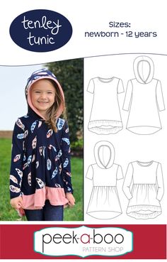 Tunic Tops Pattern, Girls Tunic Tops, Tunic Sewing Patterns, Hood Pattern, Girls Clothes Patterns, Childrens Sewing Patterns, Girls Dresses Sewing