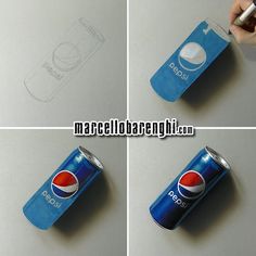 four pictures of a pepsi can and a cell phone