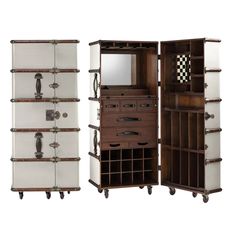 three pieces of furniture are shown with drawers and wine racks on wheels, one in the shape of an open bookcase