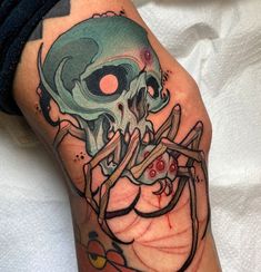 a tattoo on the leg of a person with a skull and spider web around it