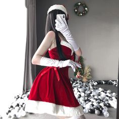 #EG0540 Products include: Dress + Hat + Gloves + Mesh stockings + T-back Color: Red Material: Plush Size Chart: S.M.L. Christmas Outfit Dresses, Christmas Red Velvet, Plush Dress, Mesh Stockings, Egirl Clothes, Christmas Dress Women, Girls Christmas Outfits, Red Velvet Dress, Dress Hat