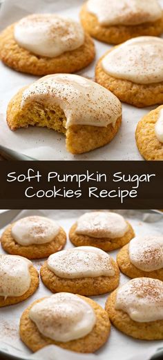 soft pumpkin sugar cookies recipe with white frosting on top and in the background, there is