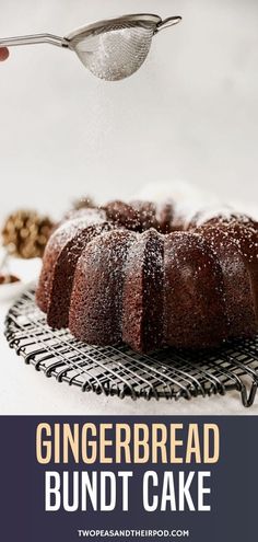 a bundt cake is being sprinkled with powdered sugar