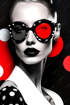 a woman in black and white with polka dots on her face, wearing red glasses