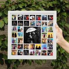 a person holding up a photo collage with photos on it in front of green leaves