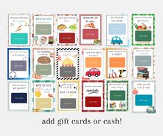 a collage of cards with words that say, add gift cards or cash on them