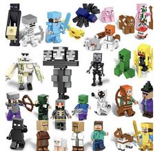 a bunch of different types of toys made out of legos on a white background