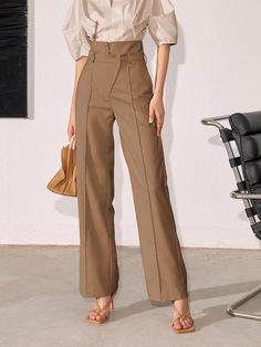 Women Fashion Solid Color Straight-Leg High-Waisted Pants Brown Casual   Fabric Plain Straight Leg Non-Stretch All Women Clothing, size features are:Bust: ,Length: ,Sleeve Length: Pant Suits For Women, Mom Pants, Fashion Design Sketches, Slim Fit Trousers, Suit Pants, Style Mistakes, Kids Sleepwear, High Waisted Pants, All Fashion