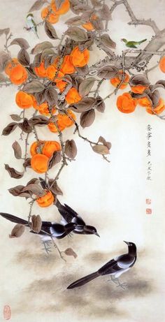 two birds sitting on branches with oranges in the foreground and chinese writing below