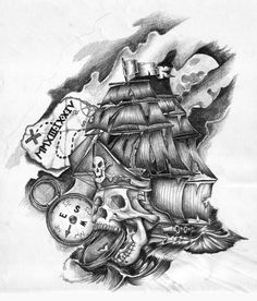 a drawing of a pirate ship with skull and crossbones on it's side