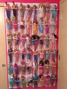 a barbie doll display in a closet with lots of dolls on the shelves and behind it is a pink wall