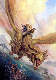 a painting of two people riding on top of a dragon in the sky with mountains behind them