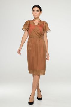 "A sheer chiffon see through dress featuring v-neckline, short butterfly sleeves, and a midi length. - Wrap tie closure - Trapeze silhouette - V-neck - Knee length (midi) - short sleeves - Color: caramel brown - Layering garments not included (black dress you can see here: https://www.etsy.com/listing/741956358/black-camisole-slip-lace-dress-cocktail?ref=shop_home_active_5&pro=1&frs=1) Fiber: chiffon Estimated shipping time: 10-12 business days For size S:dress length- 42,0 \" (107 cm) O Summer V-neck Chiffon Dress For Wedding Guest, Elegant Midi-length Mesh Dress, Chic V-neck Mesh Dress For Evening, Flowy Short Sleeve Chiffon Dress For Summer, Flowy Chiffon Short Sleeve Dress For Summer, Evening Midi Dress With Sheer Sleeves And V-neck, Chic V-neck Chiffon Cocktail Dress, Elegant Summer V-neck Dress With Flutter Sleeves, Elegant Summer Midi Dress With Sheer Sleeves