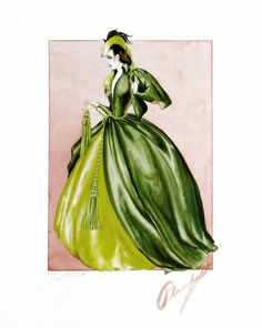 a drawing of a woman in a green dress