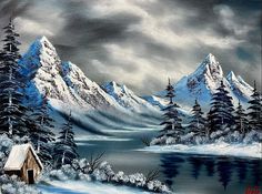 a painting of snow covered mountains with a lake in the foreground and a cabin on the far side