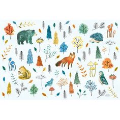 an illustration of animals and trees on a white background