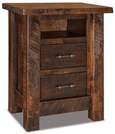 a wooden night stand with two drawers on one side and an open drawer on the other