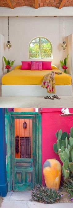 two different rooms with colorful walls and doors