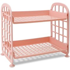 a pink shelf with two shelves on each side