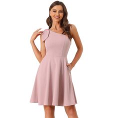 This fit-and-flare dress with pockets, made of soft and breathable fabric, is very comfy to wear. The one-shoulder-with-a-bow design makes this skater dress cute yet lady chic. Cute and gorgeous, it is fitted on top and then flares out beautifully, showing off your legs but not too short. This dress is soft-touching, lightweight, and breathable in solid color. Suitable for many different occasions. Perfect for night-outs, clubs, evening parties, cocktails, proms, weddings, dance parties, and oth Cocktail Dress For Teens, One Shoulder Formal Dresses, Evening Cocktail Dresses, Casual Blazer Women, Dance Parties, Cocktail Evening Dresses, Dresses Pink, Blush Dresses, Evening Cocktail