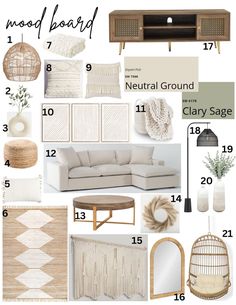 neutral living room mood board with neutral furniture and accessories