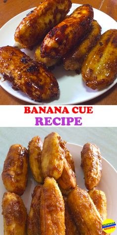 bananas on a white plate with the words banana cue recipe in red and above it