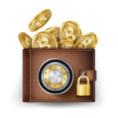 a wallet filled with gold coins and a lock on the front, revealing bitcoins