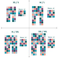 four squares with different sizes and colors to represent the letters h, m, l