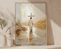 a painting of jesus walking in the water with a cross on his back and palm trees next to it