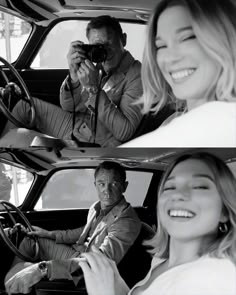 two pictures of people sitting in a car and one is taking a photo with a camera