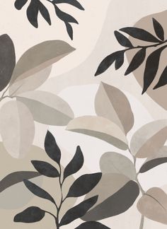 an abstract painting of leaves and branches on a white background with black, grey, and beige colors