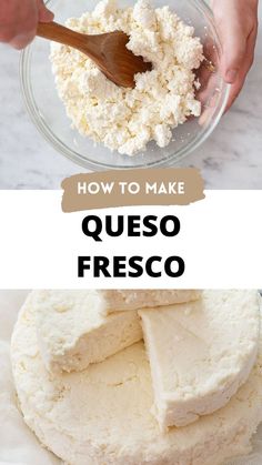 Two photos of queso fresco preparation in a collage with text overlay. Homemade Queso Cheese, Soft Cheese Recipes Ideas, Homemade Cheese Recipes Cheesemaking, Caso Fresco Recipes, Cheese Curds Recipe How To Make, How To Make Provolone Cheese, Make Cheese From Milk, Sour Milk Cheese, How To Make Queso Fresco