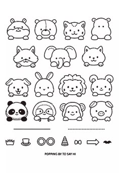 a set of cute animals with different expressions and shapes, including the outlines for each animal