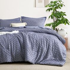 a bed with blue comforter and pillows in a room next to a potted plant