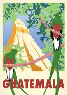 there are two birds sitting on the tree branch with an image of a pyramid in the background