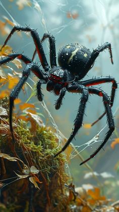 a large black spider sitting on top of a moss covered ground in front of leaves