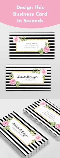 three business cards with flowers on them and the words design this business card in seconds