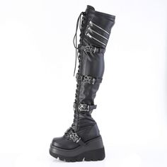 4 1/2" Wedge Platform Gothic Lace Up Thigh High Boots. Quadruple Skull Buckle Straps. Ornamental Zip Closure Details On The Outside. Full Inner Side Zipper Closure. Styles: Goth Emo Punk Festival Gen Z Kahs-420 Gothic Wedge Boots For Parties, Lace Up Thigh High Boots, Closure Styles, Emo Shoes, Red Suede Boots, Punk Festival, Thigh High Stiletto Boots, Blue Suede Boots, Aldo Boots