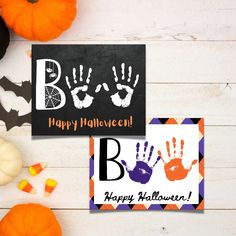 halloween greeting cards with hand prints and pumpkins