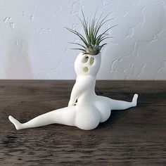 a small white ceramic planter with an air plant in it's head on a wooden table