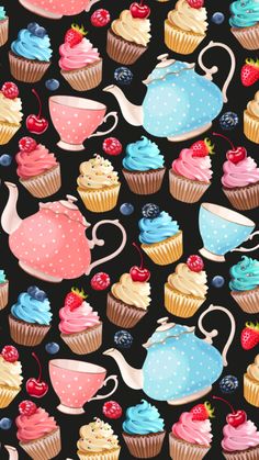 cupcakes and teapots on a black background