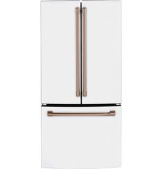 a white refrigerator freezer with two copper handles