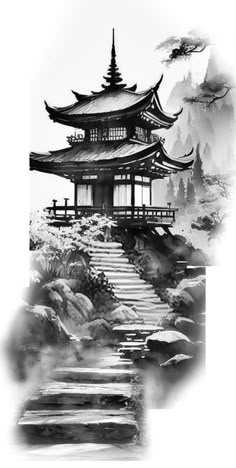 a black and white photo of a pagoda with steps leading up to the water in front of it