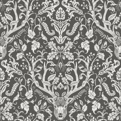 an intricately designed wallpaper with white flowers and deer heads on grey background stock illustration