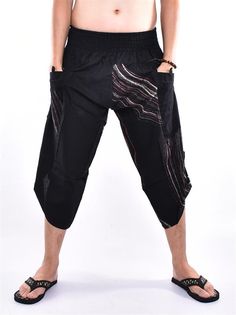 Harem pants, Yoga pants, Wide leg pants, Trousers, Samurai pants Printed with Black Brush Printed Cotton Samurai pants with Side button is inspired Samurai and Ninja pants from Japan.  Created and Designed for Everyone, Wide Leg Designed Easy to Movement, Easy to Wear and Comfy. The Pants is made of 100% Cotton and Printed with beautiful pattern design. The Pants made by Thai Craftsmanship, Attention and Neatness in sewing an item. Cotton Samurai pants has one Pocket in front for storing item like, Mobile phone, Wallet or Money. This pants great for many Occasion, Chill out, Free Style, Yoga, Traveling, Dancing, Going to Festivals, Working out , Martial arts, Etc... Sizing : One size fits most (Unisex ) Elastic Waist : 21"- 44" (53.34 cm - 111.76 cm) Hip up to : up to 56" (142Cm) Length :3 Black Stretch Yoga Pants With Hip Pockets, Stretch Black Yoga Pants With Hip Pockets, Black Hip-length Bottoms For Yoga, Black Yoga Bottoms With Hip Pockets, Black Summer Parachute Pants With Loosely Fitted Hips, Black Cotton Harem Pants With Side Pockets, Summer Black Parachute Pants With Loosely Fitted Hips, Black Cotton Sweatpants For Yoga, Casual Black Cotton Yoga Pants